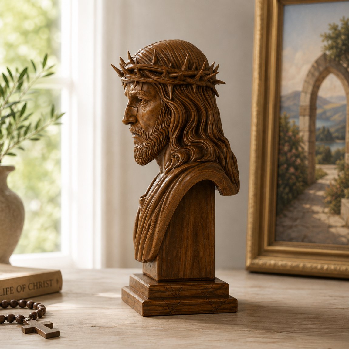 Side profile of a Jesus Crown of Thorns Wood Bust showing the carved facial contour, layered hair, thorn crown and sculpture depth