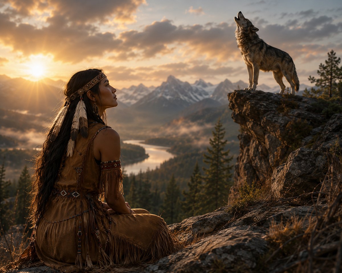 Story-inspired scene for a Native American Woman Wood Carving, showing a woman watching a howling wolf above a mountain valley at sunset.