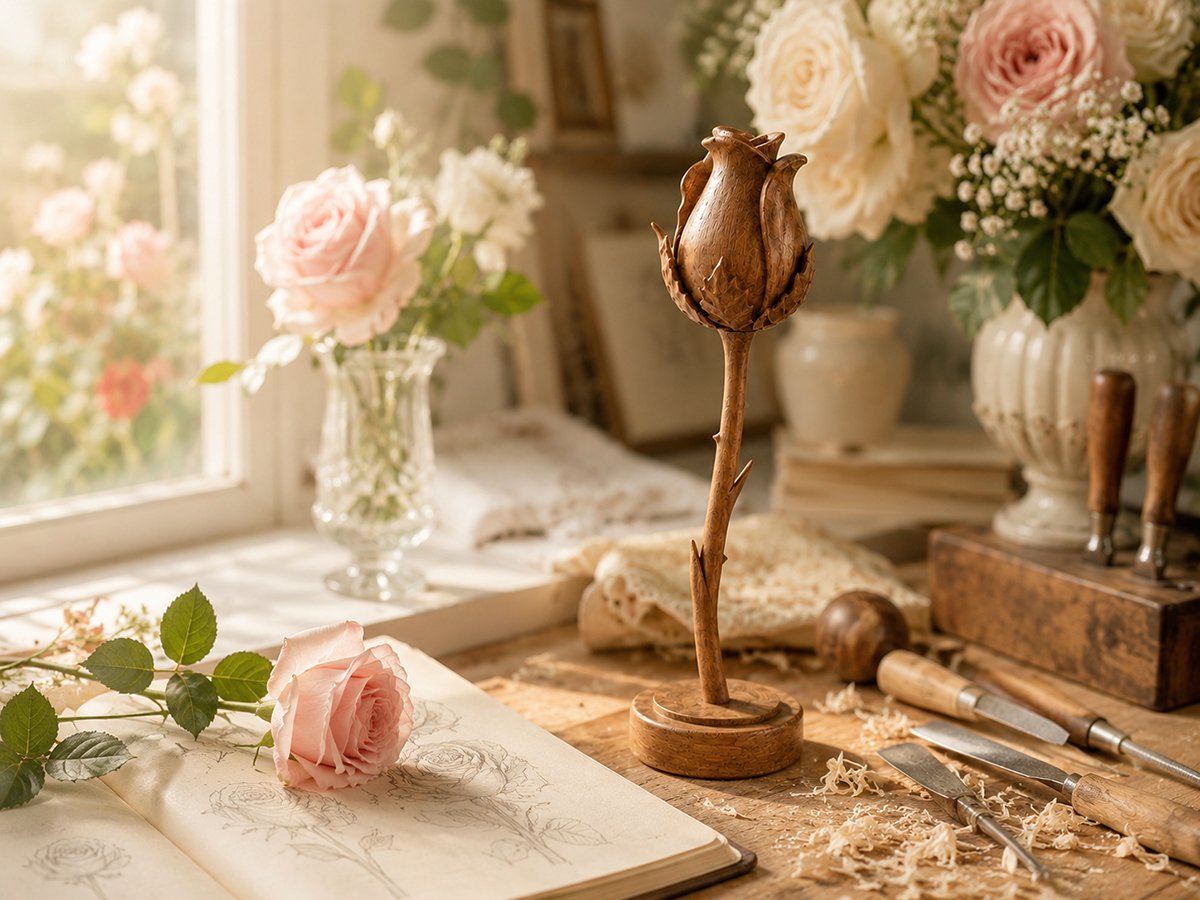 Artisan workshop scene showing the creative process behind a hand carved wooden rose sculpture, with rose sketches, carving tools, and a wooden flower inspired by nature