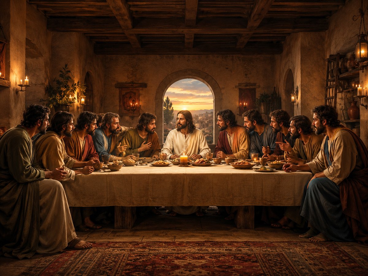 Last Supper Wood Carving inspired story scene showing Jesus seated with the twelve apostles around a shared table in a candlelit room at sunset.