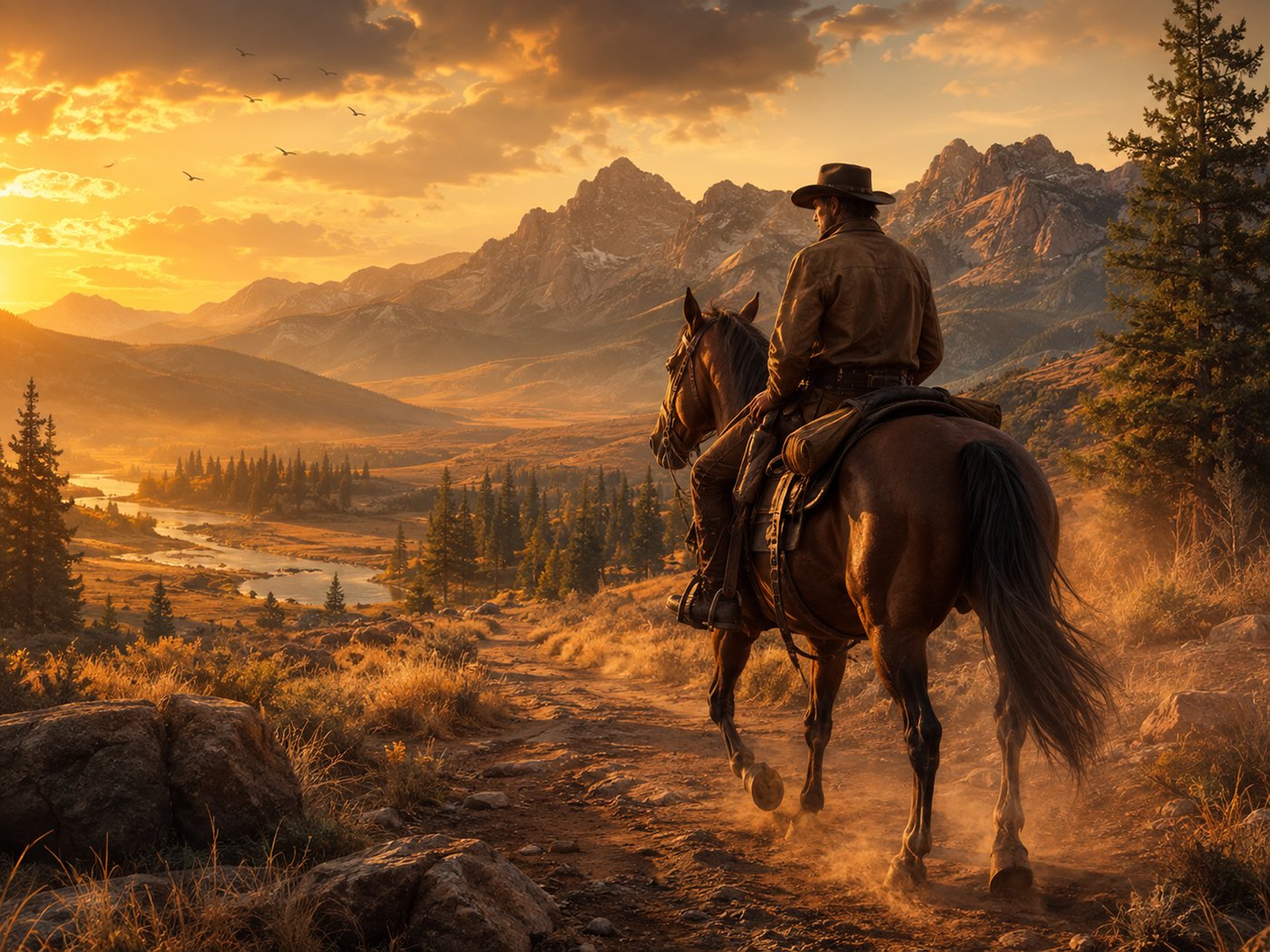 A western cowboy riding a horse through mountain wilderness at sunset, Western Horse Wooden Relief Wall Art, representing freedom, adventure, and the frontier spirit behind western horse art