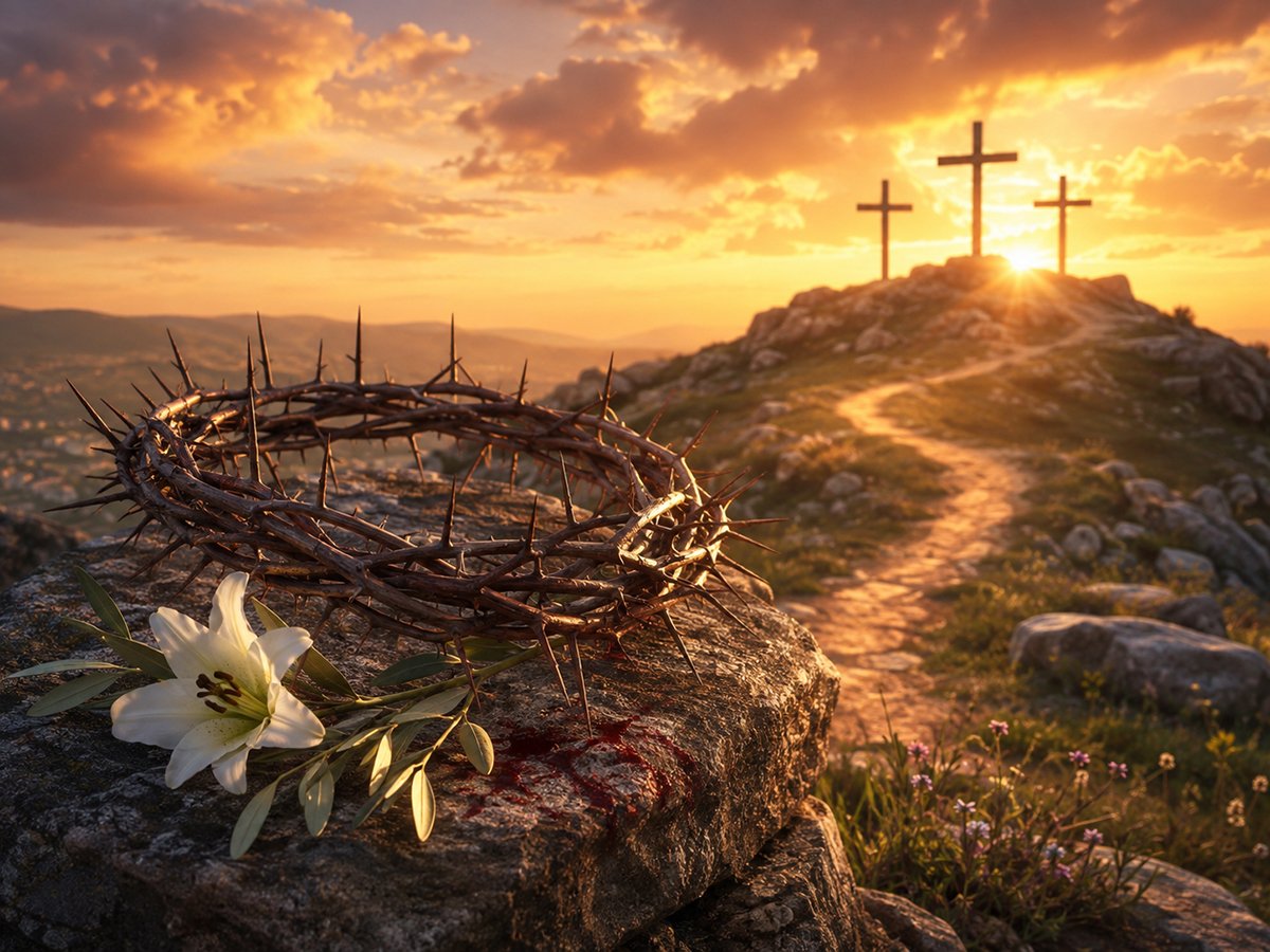 Jesus Crown of Thorns Wood Bust inspired by the crown of thorns, white lily, and crosses at Calvary, symbolizing sacrifice, hope, and resurrection