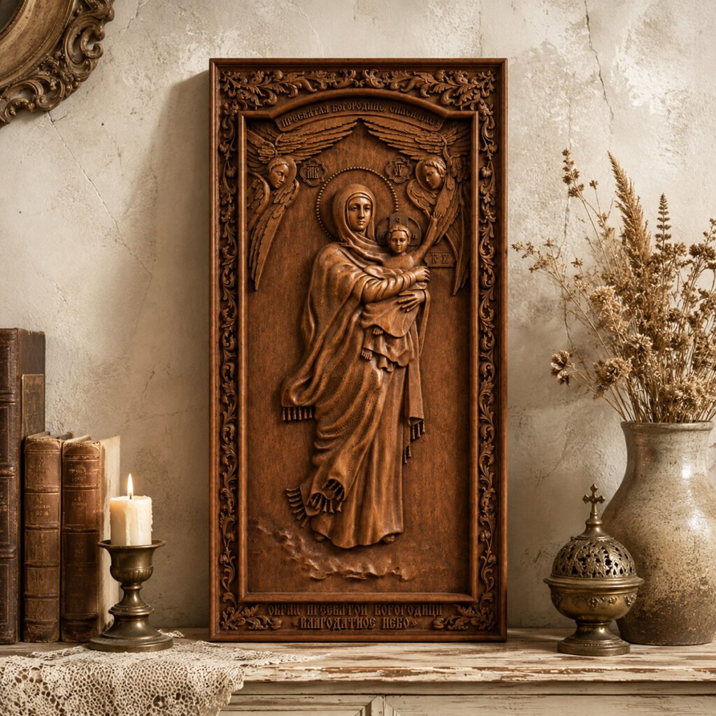 Vintage Virgin Mary and Child wooden relief displayed with candles, books and dried flowers
