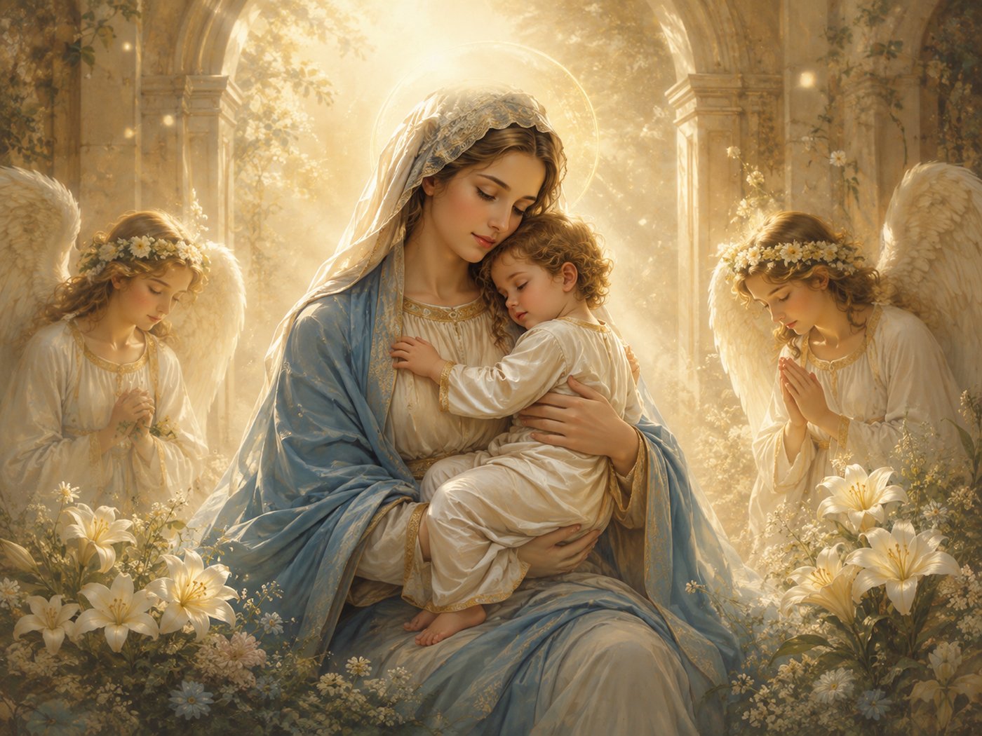Story illustration inspired by a Virgin Mary Wooden Relief, showing Mary with the Christ Child surrounded by angels and white lilies