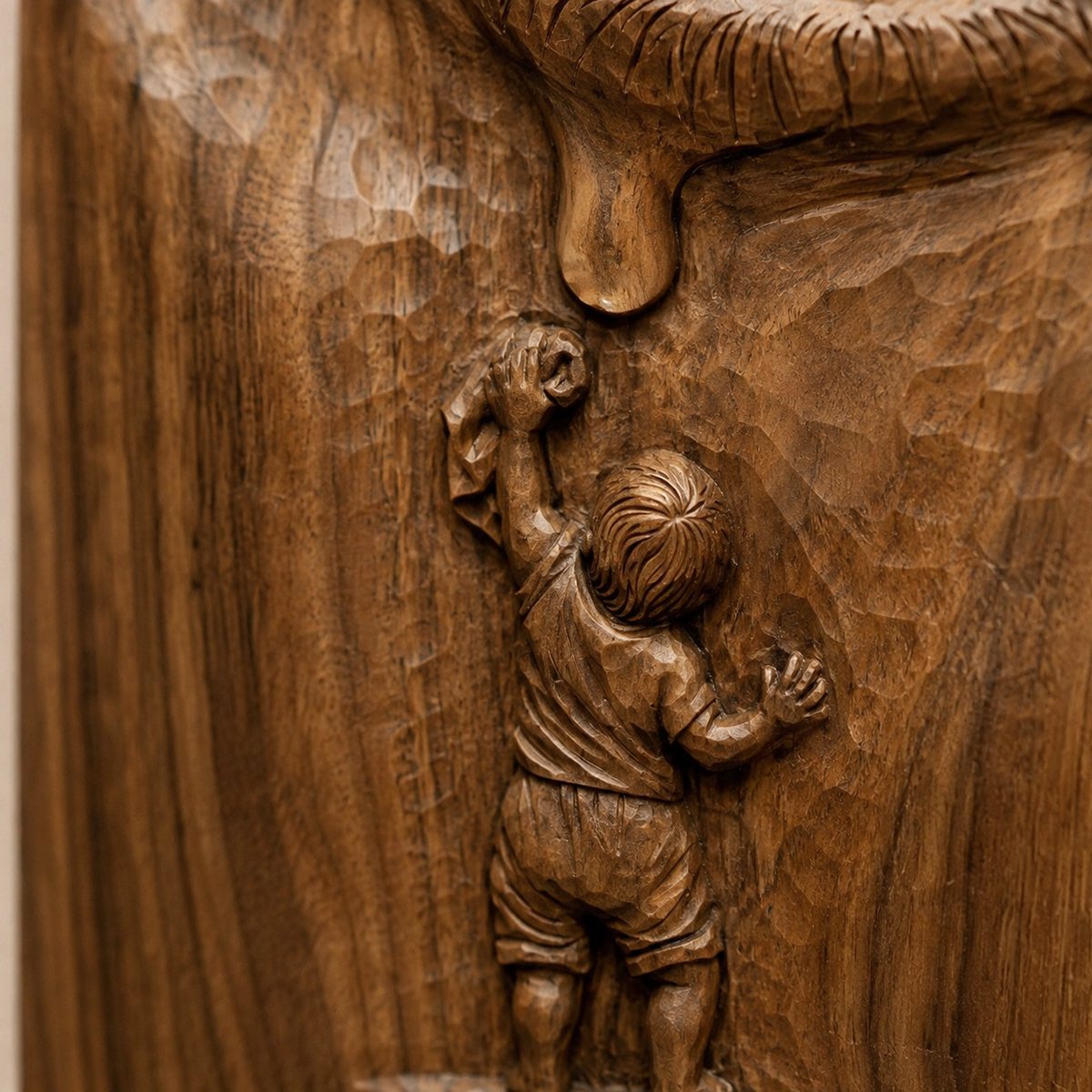 Close up detail of a hand carved wooden relief showing a tear drop and a small child figure reaching upward